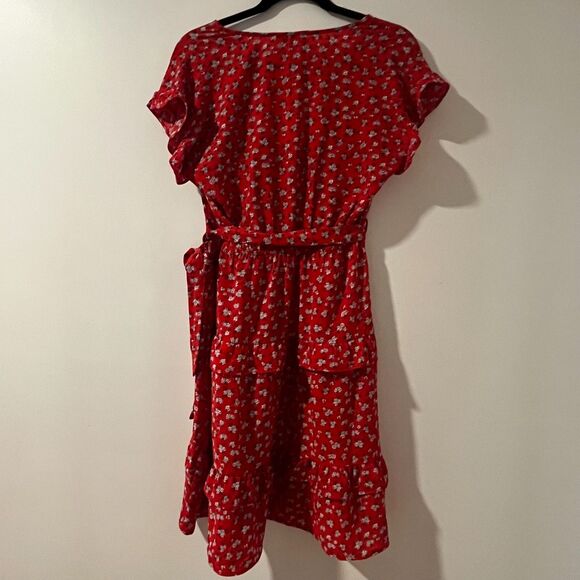Monteau Sz M Red White Blue Floral Wrap Tie Short Sleeve Spring Summer Dress EUC - Picture 3 of 6